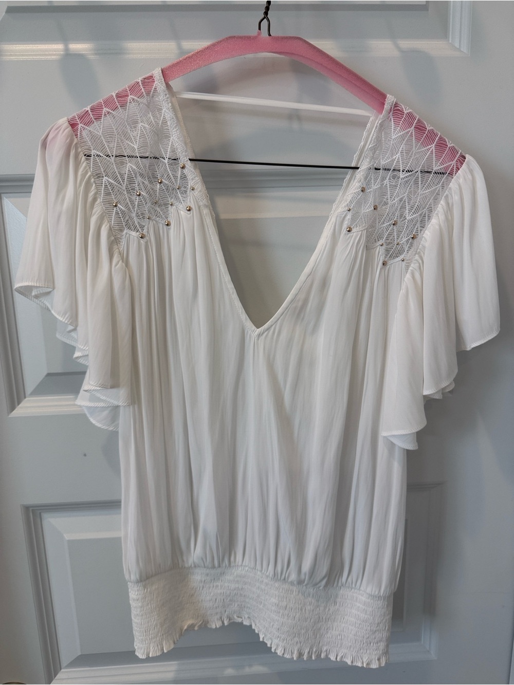 Ramy Brook White V-Neck Flutter Sleeve Blouse with Beaded Mesh Yoke